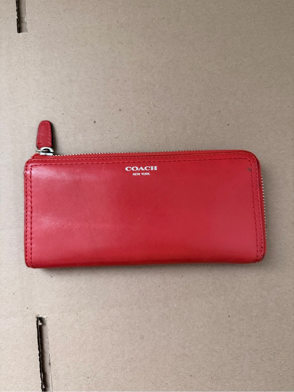 Coach Red Leather Zip-Around Wallet with Silver Tone Logo